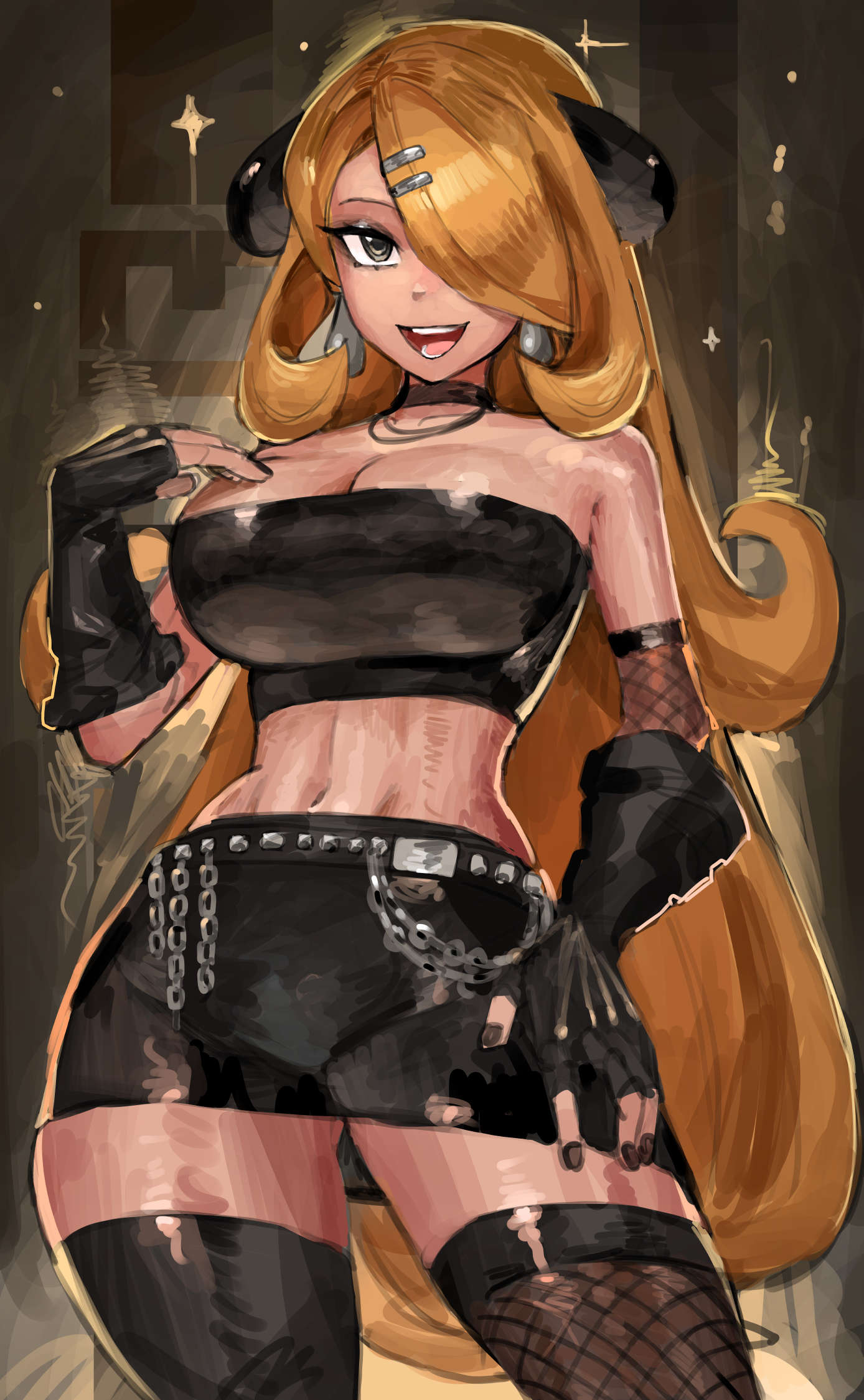 1girls big_breasts black_nails breasts cleavage clothed clothing collar cynthia_(pokemon) female female_focus female_only fishnet_armwear fishnet_clothing fishnets goth goth_girl heart light-skinned_female light_skin looking_at_viewer midriff nail_polish nintendo pokemon saiykik solo