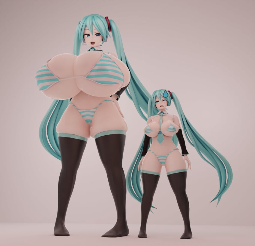 2girls 3d bigger_female bikini blue_hair breast_envy giantess hatsune_miku hatsune_miku_(collared_bikini) huge_breasts jinouga97 striped_bikini thick_thighs thighhighs twintails vocaloid