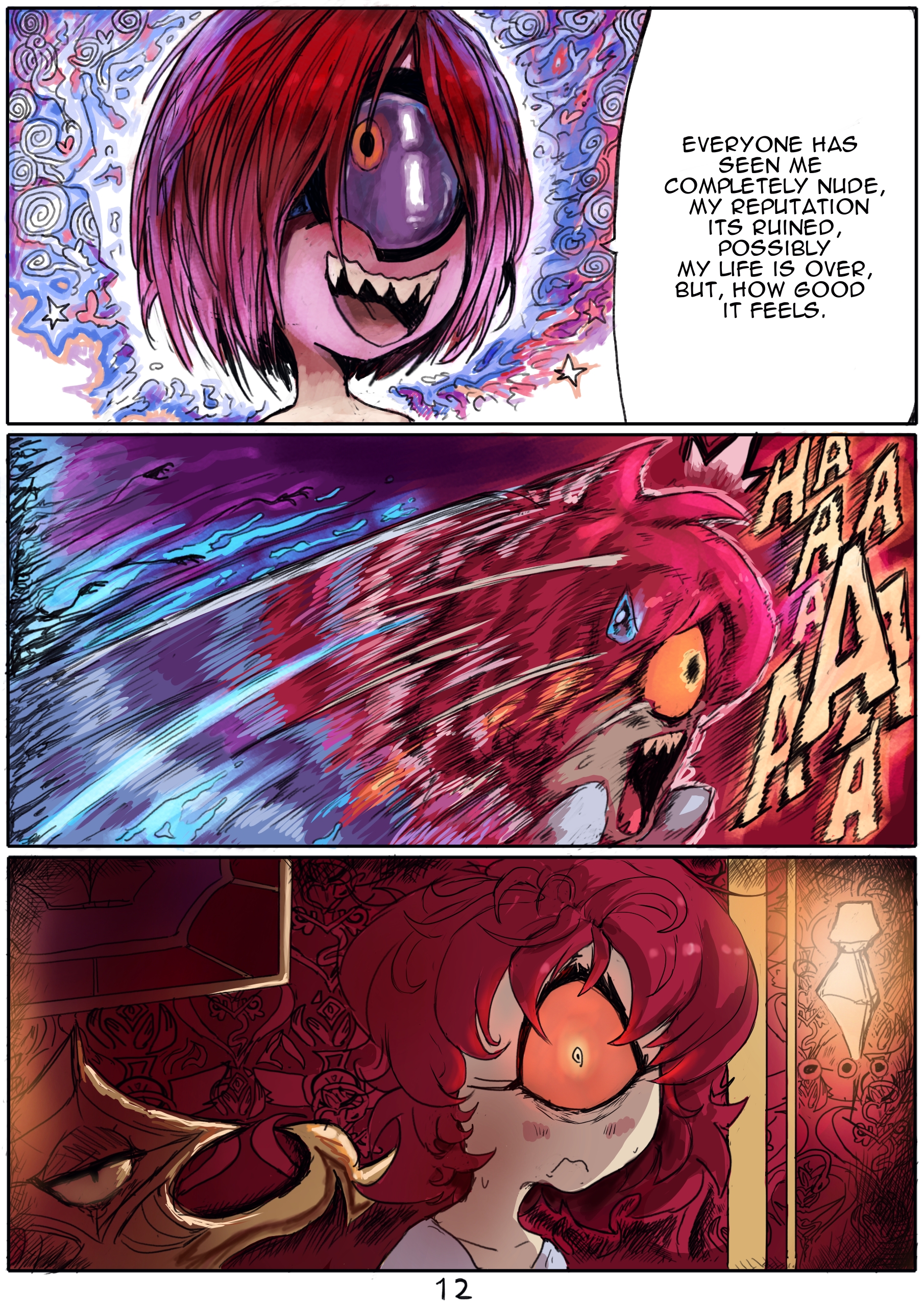 comic page, cyclops, dream, english text, female, hazbin hotel, high resolution, niffty, nightmare, p0stalk, red hair, sharp teeth, text, waking up