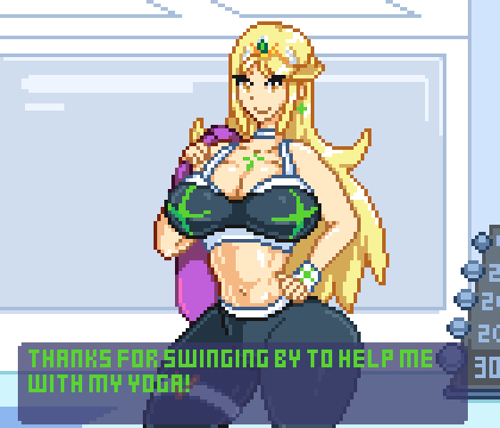 animated, ass, ass focus, ass to crotch, ass up, barefoot, big ass, big breasts, blonde hair, blue shirt, breasts, bulge, cheeky smile, clapping, clapping ass, countmoxi, dat ass, exercise, exercising, flexible, jack-o' pose, jiggle physics, jiggling ass, jiggling breasts, long hair, mirror, mythra, mythra (xenoblade), no nut november, no nut sabotage, part 4, pixel animation, pixel art, purple towel, seducing, smile, smirk, stretching, stretching legs, suggestive, suggestive dialogue, suggestive pose, suggestive posing, teasing, temptation, tempting, throwing it back, towel, twerking, weights, wip, xenoblade (series), xenoblade chronicles (series), xenoblade chronicles 2, yoga, yoga mat, yoga pants, yoga top
