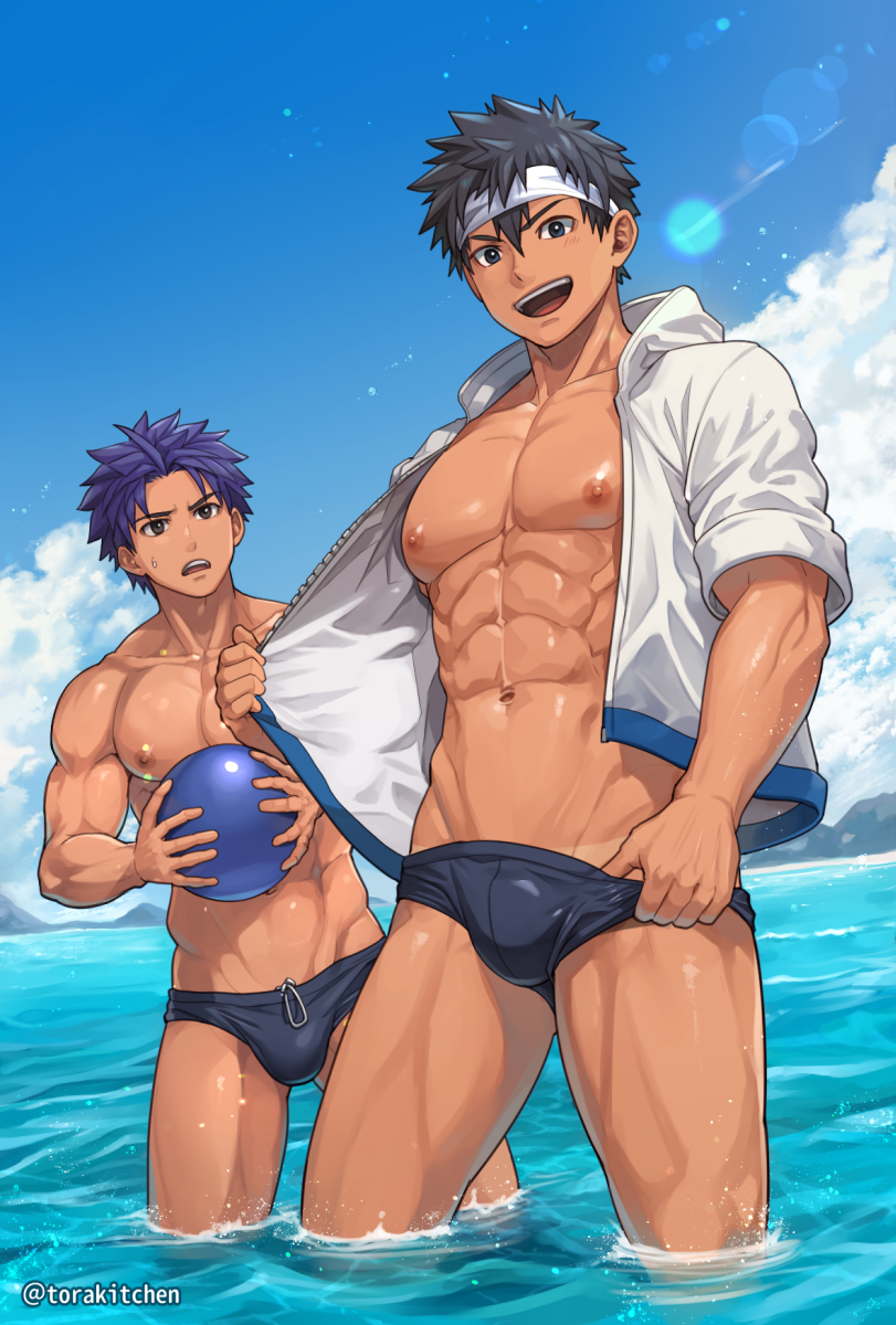 2boys abs beachball beefy biceps big_areola big_breasts big_bulge black_eyes black_hair blue_eyes blush_lines bulge bulge_through_clothing cloud collar ebitendon gay hi_res holding_object hoodie laugh looking_at_another looking_at_viewer male male_breasts male_only mature_male morning muscles muscular muscular_arms muscular_legs muscular_male muscular_thighs navel navy_blue_hair open_clothes open_mouth oppai original original_character pecs pulling_down_pants purple_hair seaside shallow_water short_hair six_pack sky standing standing_in_water sunlight sweat sweatdrop swim_briefs swimsuit tan tan_body tanline topless torakichi_(ebitendon) torakitchen yaoi young zipper