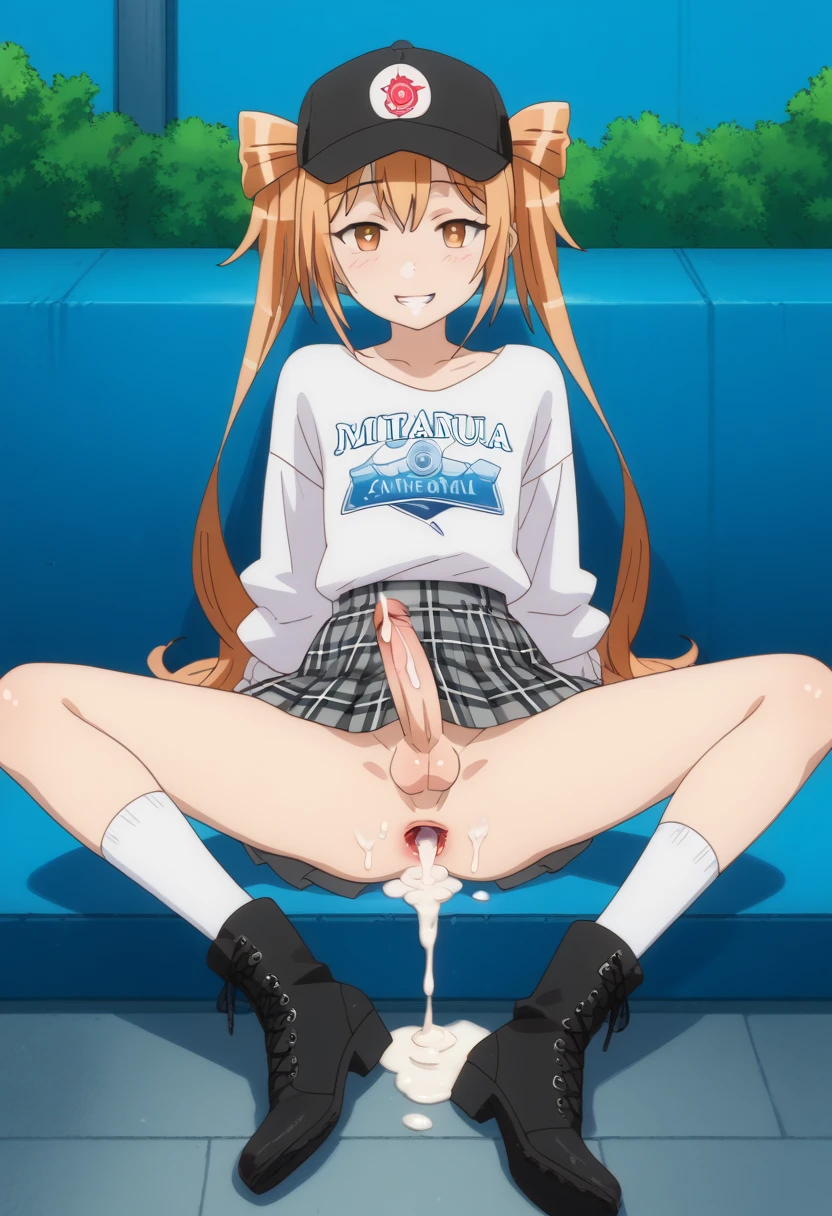 1boy after_anal ahe_gao ahe_gao ai_generated androgynous crossdressing cum cum_in_anus cum_on_anus erect_penis femboy feminine_body feminine_male gaping_anus gay_sex himegoto oda_mitsunga orange_eyes orange_hair pleasure_face trap