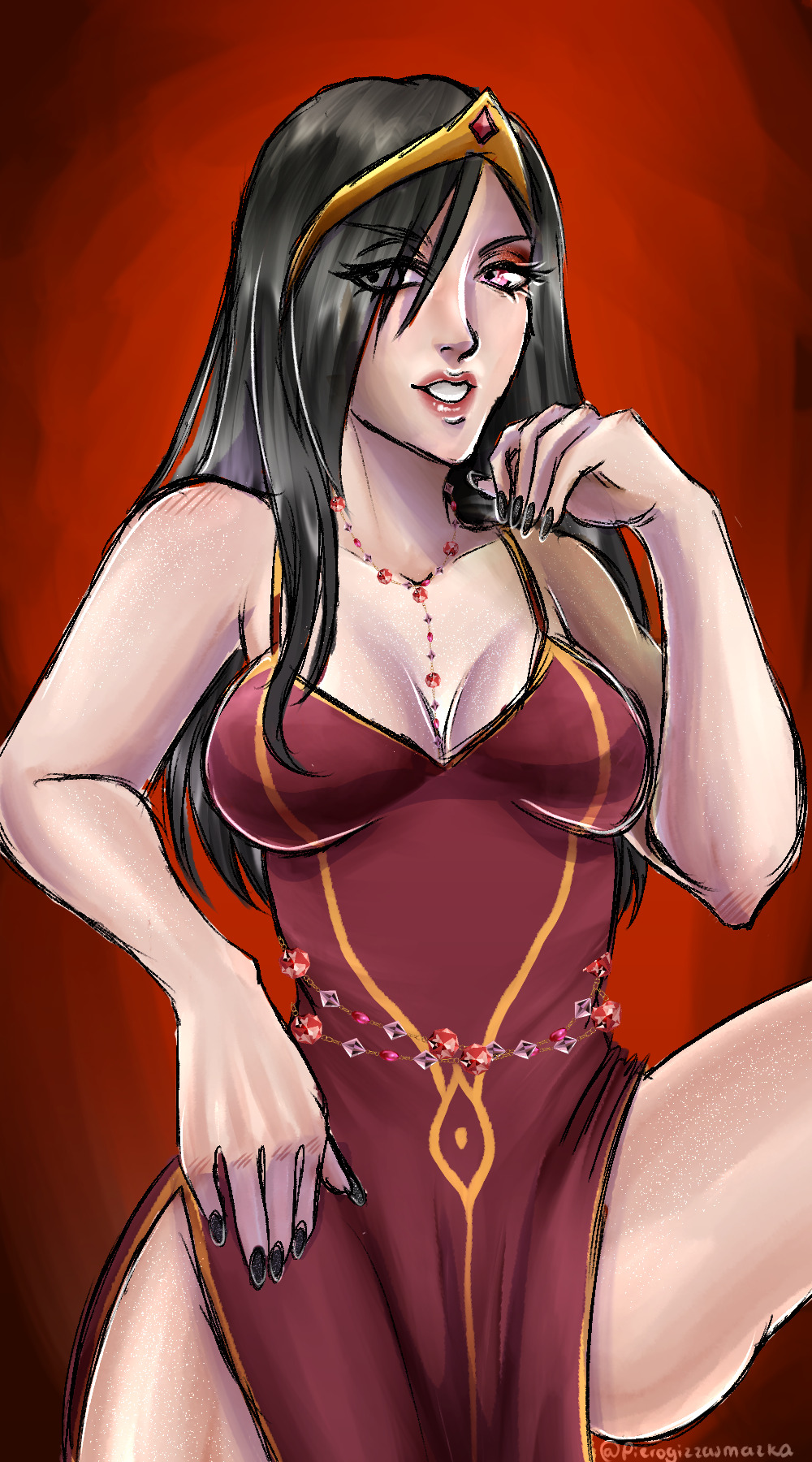 black_hair black_nails breasts cleavage clothing commission commissioner_upload dress female hair_over_one_eye highres hong_mei_ling_(ways_of_darkness) jewelry large_breasts lips lipstick long_hair looking_at_viewer makeup medium_breasts nail_polish necklace official_art pierogizzasmazka red_dress red_lips side_slit smile solo tiara watermark ways_of_darkness_(series)