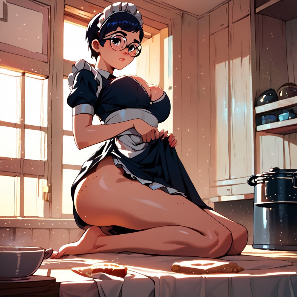 1girls ai_generated bare_legs big_breasts breasts breasts busty busty_female carmen_sandiego_(2019) carmen_sandiego_(franchise) clothes_lift female female female_focus female_only glasses julia_argent julia_argent_(carmen_sandiego) kitchen kitchen_background large_breasts looking_at_viewer maid maid_apron maid_cap maid_dress maid_hat maid_headdress maid_outfit maid_uniform pot short_hair sitting solo solo_female solo_focus zupern0va_(manipper)