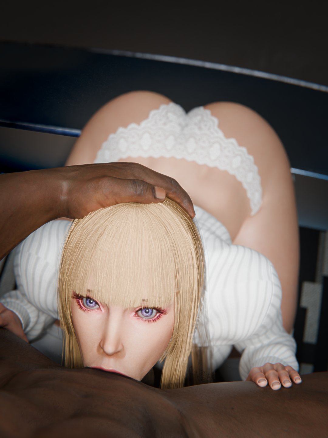 :>=, 3d, adult, all the way to the base, blonde hair, dark skin, dark-skinned male, deepthroat, emilie de rochefort, fellatio, female, interracial, obsidianrender, oral, pov, tekken, tekken 8