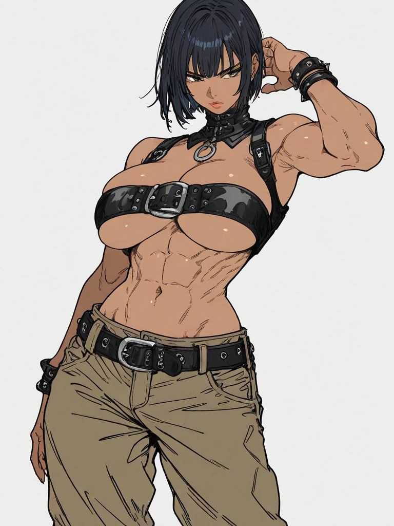 1girls ai_generated belt belt_bra black_hair brown_pants cas_(kosine1777) choker dark_skin flat_colors huge_breasts kosine1777 kosineverse muscular muscular_female original original_character pants short_hair skindentation spiked_bracelet tomboy top_heavy underboob