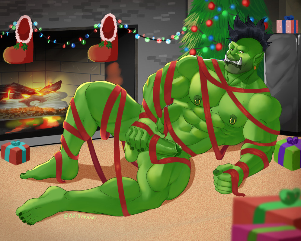 christmas digital_media_(artwork) draor gift_box green_body green_skin lying male male_only muscular muscular_male onibaraart orc orc_(warcraft) orc_male ribbon solo warcraft world_of_warcraft