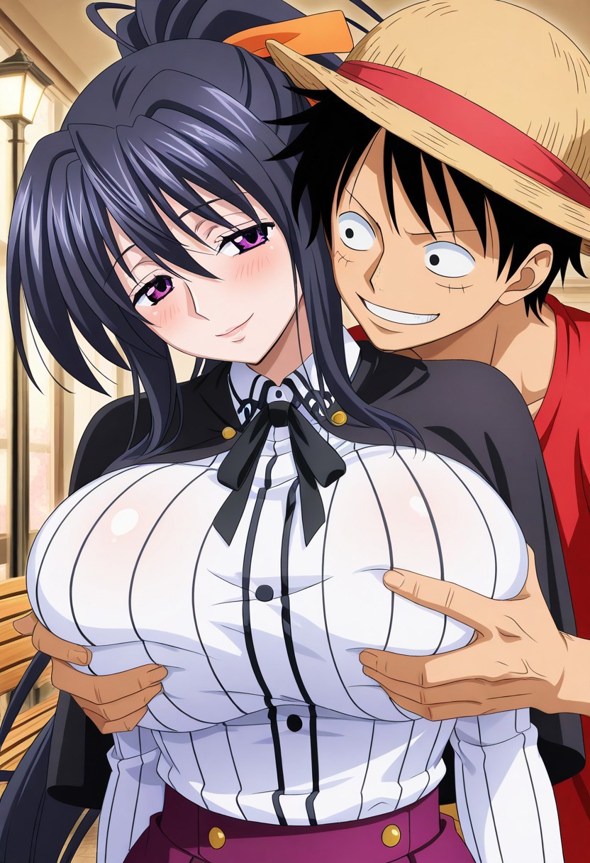 ai_generated akeno_himejima artist_request clothing crossover dxd female high_school_dxd himejima_akeno male monkey_d_luffy one_piece