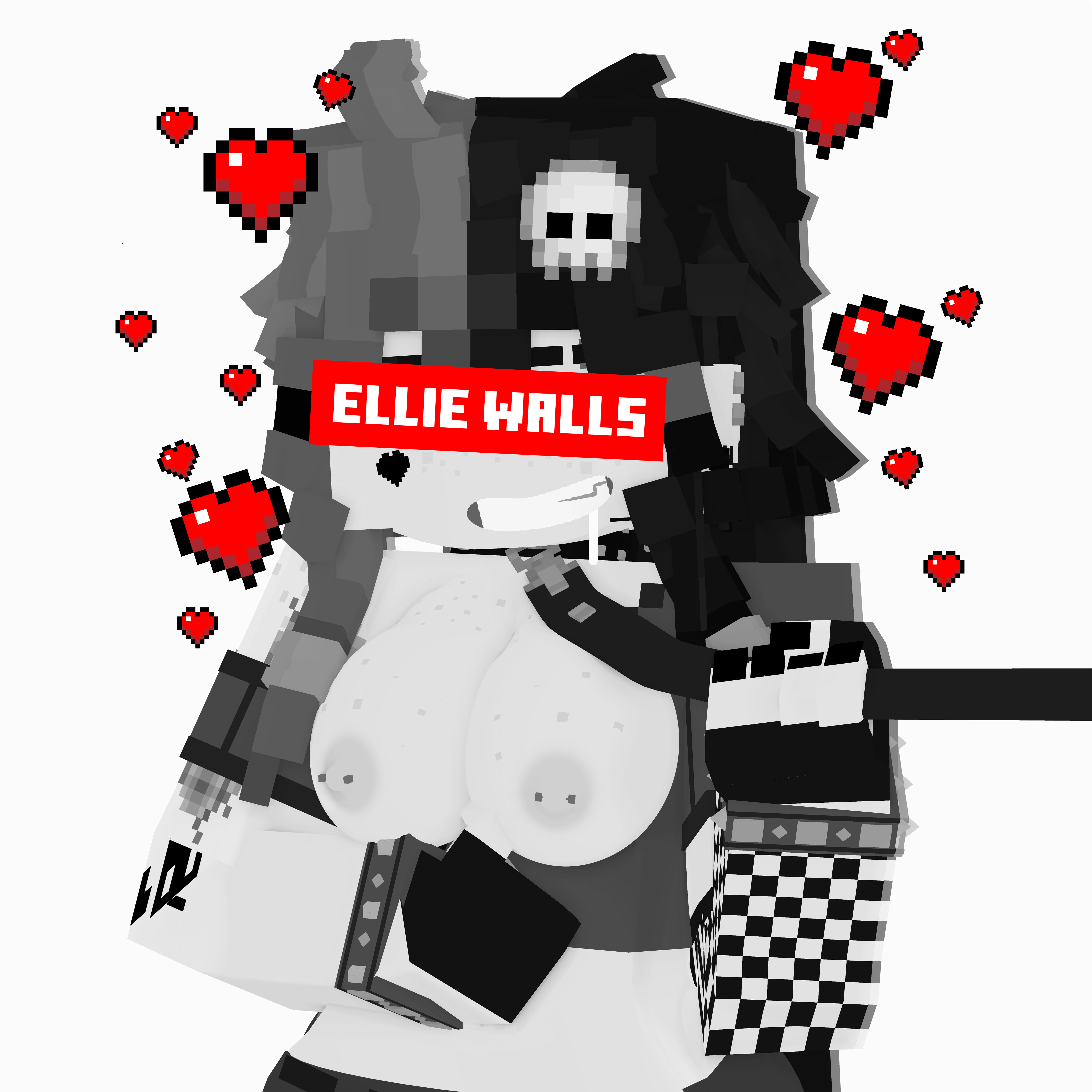 1girls, 3d, areolae, arm tattoo, big breasts, black and white, breasts, breasts out, busty, drooling, ear piercing, ellie walls (odysseyellie), face tattoo, female, female focus, fingerless gloves, floral tattoo, gloves, goth, goth girl, greyscale, heart tattoo, huge breasts, large breasts, leash, mine-imator, minecraft, nipple piercing, nipples, odysseyellie, painted nails, piercing, png, skull hair ornament, smile, solo, tattoo, two-tone hair