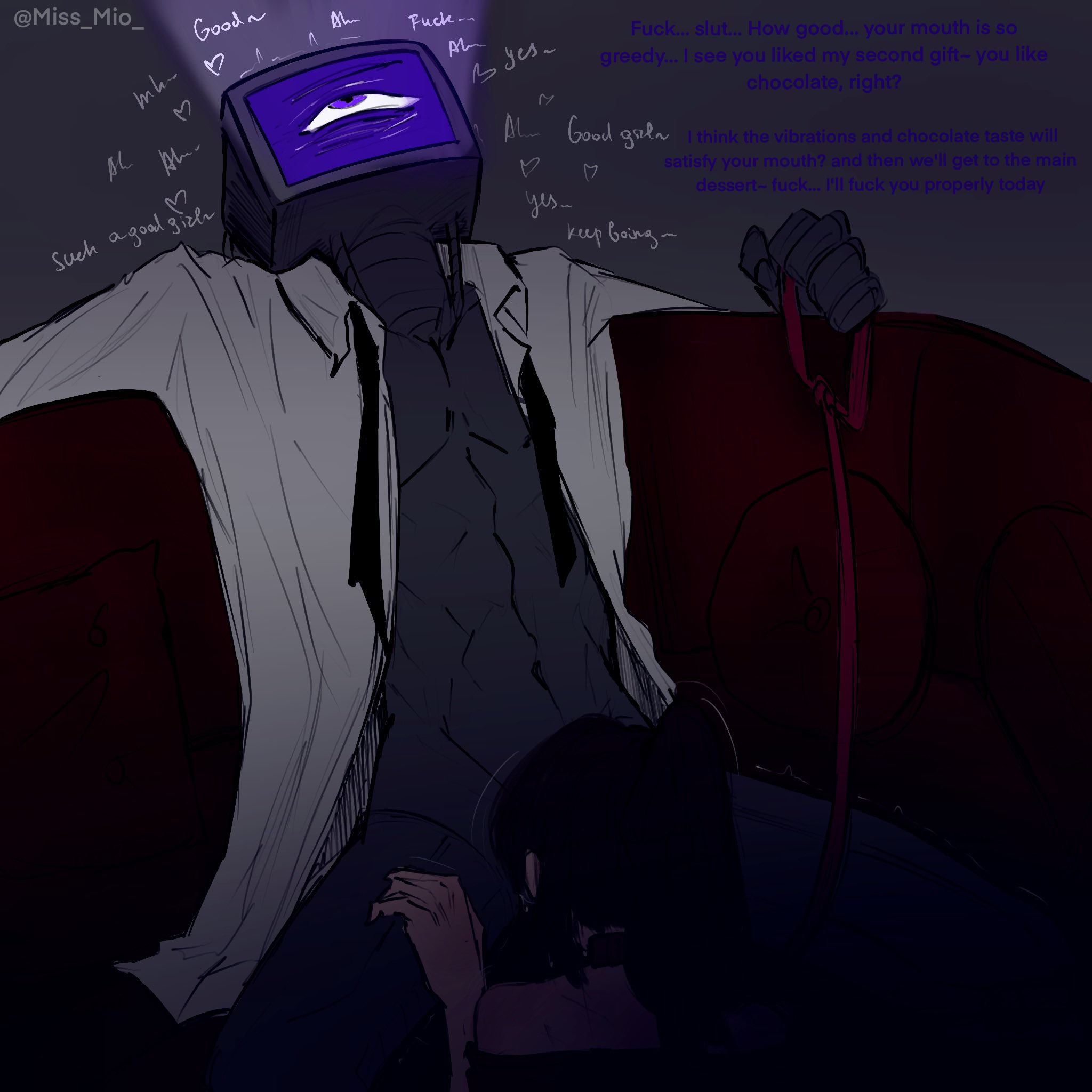 1 eye, 1boy, 1girls, clothed, fellatio, female, grey skin, harley sawyer, leash, male, male/female, miss mio, no face, oral, penis, penis in mouth, poppy playtime, poppy playtime (chapter 4), robot, screen face, the doctor (poppy playtime), tie, tied hair, tv head