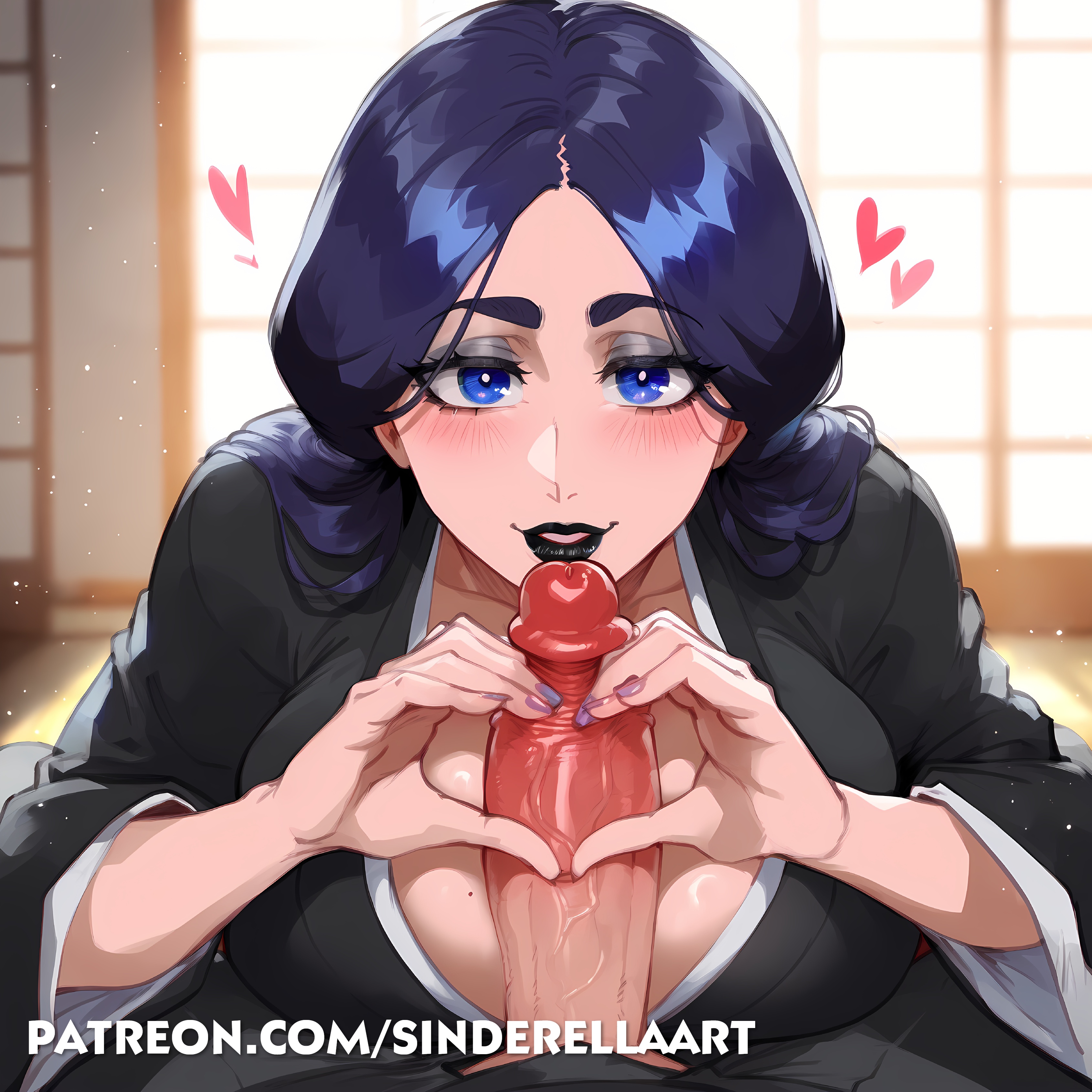 1boy, 1girls, ai generated, big breasts, black lips, black lipstick, bleach, bleach: the thousand-year blood war, breasts, breasts bigger than head, busty, cock, commission, dark skin, dark-skinned male, female, heart, huge breasts, huge cock, large breasts, large cock, large penis, light skin, light-skinned female, light-skinned male, lipstick, make up, makeup, male, milf, patreon, patreon url, patreon username, penis, sinderellaart, thick, unohana retsu, voluptuous, voluptuous female