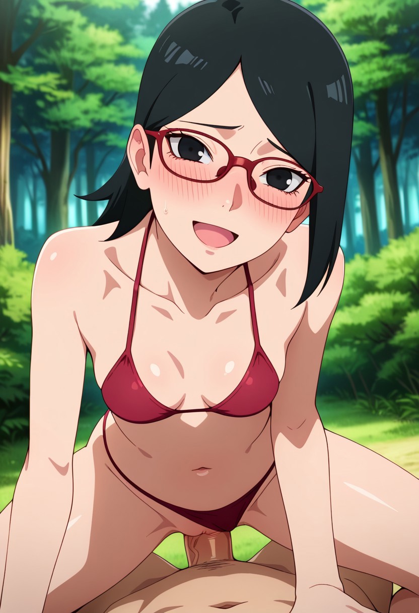 1boy 1girls ai_generated bed bikini bikini_aside black_eyes black_hair blush boruto:_naruto_next_generations breasts clothing cowgirl_position eyewear feet female female_focus forest glasses legs legwear male male_pov naruto navel nipples nude on_top outdoors partial_male penis petite pov red-framed_eyewear riding_penis sarada_uchiha sex short_hair sitting small_breasts smile soles spread_legs straddling straight sweat teenager testicles toes uchiha_sarada uncensored unseen_male_face vagina vaginal_penetration