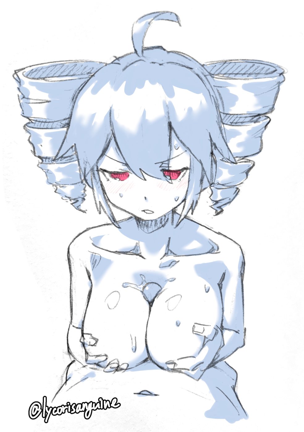 1boy 1girls ahoge breasts cum cum_on_breasts drill_hair kasane_teto large_breasts looking_at_viewer lycorisanguine monochrome navel paizuri penis pov red_eyes sidelocks signature sketch spot_color straight sweat synthesizer_v titjob twin_drills unamused utau