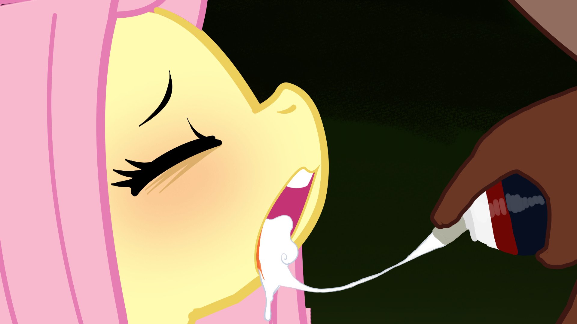 ahe gao, blush, canaryprimary, diamond dog (mlp), female, feral, fluttershy (mlp), food, food play, horse, my little pony, offscreen character, open mouth, pink hair, sapient feral, whipped cream, yellow body