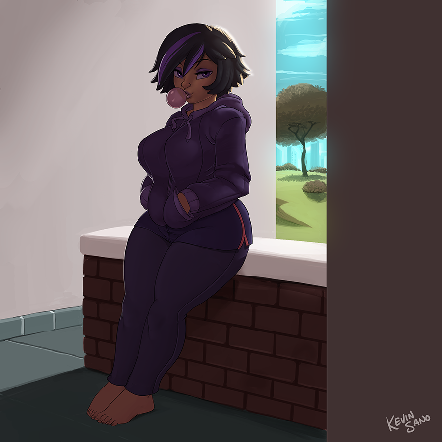 barefoot, big hero 6, black hair, breasts, bubble, bubble gum, color, curvy, disney, feet, female, female only, gogo tomago, hair, highlights, human, kevinsano, large breasts, marvel, marvel comics, purple eyes, short hair, sitting, skin tight, solo