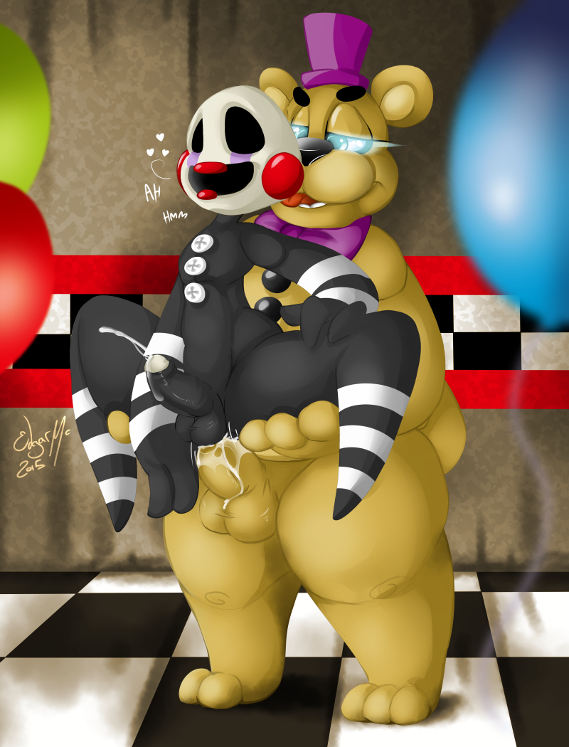 anal anal_sex animatronic anthro balls barefoot bear bow button cum cum_in_ass cum_inside cum_on_anus cum_on_leg cum_on_penis english_text erection five_nights_at_freddy's five_nights_at_freddy's_2 fredbear_(fnaf) fronnie frots fur glowing glowing_eyes half-closed_eyes hat heart inside licking looking_down machine male male_only mammal marionette_(fnaf) nude open_mouth penetration penis puppet_(fnaf) robot size_difference spread_legs spreading standing text thick_thighs tongue tongue_out uncut video_games yaoi