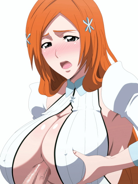 1boy, 1girls, 3:4, animated, bleach, breasts, censored, cum, cum between breasts, cum on breasts, female, grabbing own breast, huge breasts, human, inoue orihime, kh-fullhouse, light skin, light-skinned female, light-skinned male, male, mosaic censoring, orange hair, orange-haired female, slideshow, straight, vertical video
