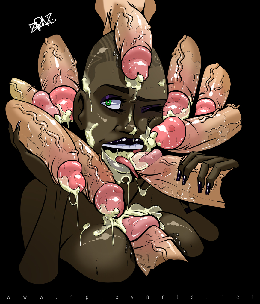 bald, bald female, big breasts, blowbang, breasts, cum, dark skin, dark-skinned female, female, interracial, kuro (artist), light skin, light-skinned male, male, multiple penises, pale skin, pale-skinned male, penis, sex