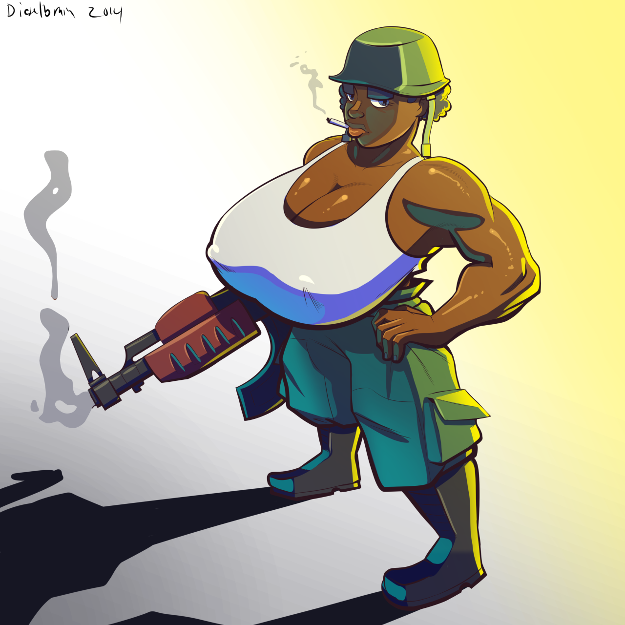 2014, breasts, cigarette, cleavage, dark skin, dark-skinned female, dieselbrain, female, from above, gun, hand on hip, huge breasts, private paizuri, shotgun, soldier, solo, standing, weapon