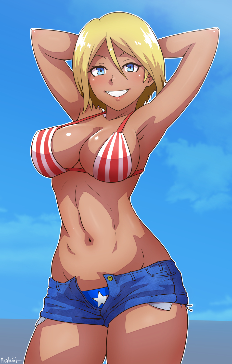 akairiot, armpits, arms up, bikini top, blonde hair, blue eyes, breasts, cleavage, female, fully clothed, hands behind head, large breasts, navel, outdoors, short hair, shorts, smile, solo, standing, tan, tanned