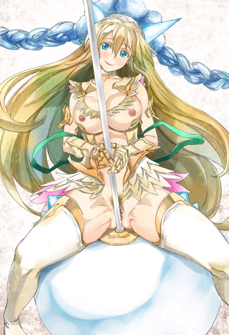 blonde_hair blue_eyes breasts female gauntlets gradient_hair green_hair large_breasts long_hair looking_at_viewer multicolored_hair nipples polearm pussy puzzle_&_dragons sakuya_(p&d) sitting solo thighhighs weapon white_legwear yohane