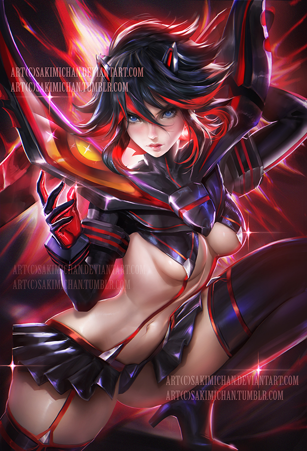 black hair, blue eyes, boots, breasts, cleavage, female, gloves, highlights, kill la kill, matoi ryuuko, panties, sakimichan, senketsu, short hair, solo, suspenders, thigh boots, underboob