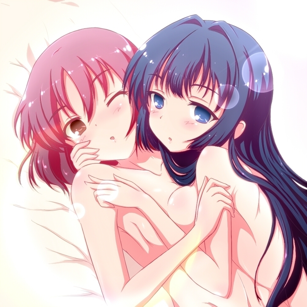 banderasu blue_eyes blue_hair blush breasts brown_eyes female female_only hirose_sumire human long_hair looking_at_viewer miyanaga_teru multiple_females nude pink_hair saki short_hair wink yuri