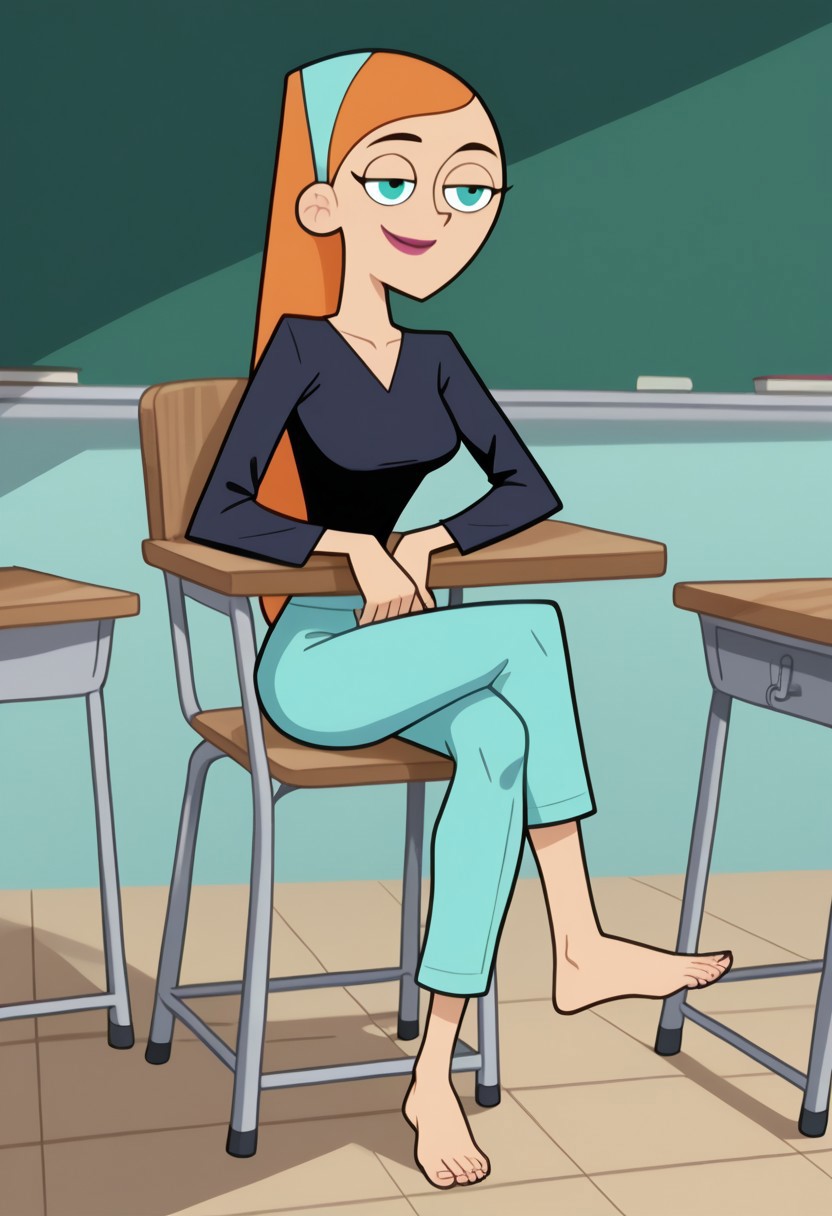 ai_generated barefoot bigmic145 black_shirt blue_eyes blue_jeans breasts clothed clothed_female clothing danny_phantom feet female hair_band jazz_fenton medium_breasts nickelodeon orange_hair