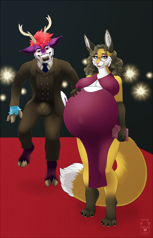 anthro belly big_belly black_clothing black_hair black_nose black_suit bulge canid canine closed_smile clothed clothing deer detailed_bulge dress duo female fur genital_outline grin hair huge_belly male mammal milk-jug mouth_closed narrowed_eyes nipple_outline penis_outline pink_eyes pink_nose pregnant pregnant_anthro pregnant_female purple_body purple_clothing purple_dress purple_fur red_hair rush_deersky short_hair smile suit vi_(kupilas) wavy_hair white_body white_fur yellow_body yellow_fur