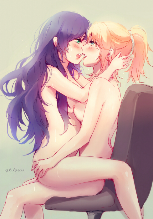 2girls, ayase eli, blonde hair, blue eyes, blush, breasts, bunny shake, chair, female, female only, green eyes, hair down, human, lilaccu, long hair, love live!, love live! school idol project, multiple females, multiple girls, nipples, nude, open mouth, ponytail, purple hair, short hair, sitting, tied hair, toujou nozomi, yuri