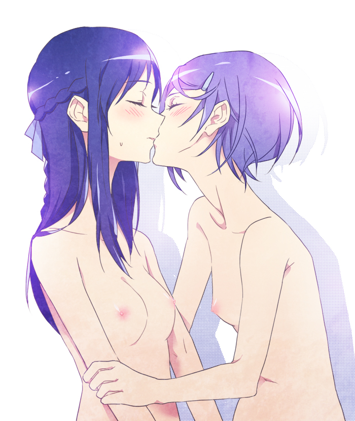 arm_grab blue_hair blush braid closed_eyes couple dokidoki!_precure female female_only half_updo hishikawa_rikka human kenzaki_makoto long_hair multiple_females negom nipples nude precure pretty_cure purple_hair shadow short_hair simple_background small_breasts tied_hair white_background yuri