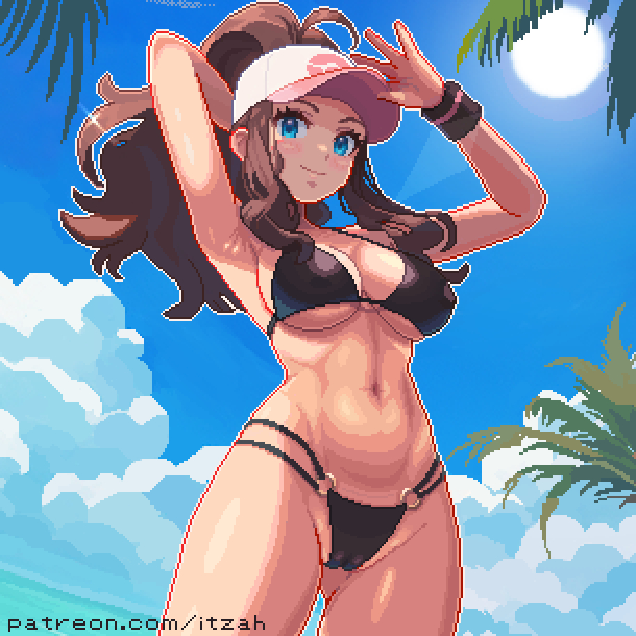 1girls, beach, belly, bikini, black bikini, blue eyes, bra, breasts, brown hair, cameltoe, cap, female, hilda (pokemon), itzah, large breasts, navel, outside, pixel art, pokemon, pussy, slim waist, smiling, solo, thighs