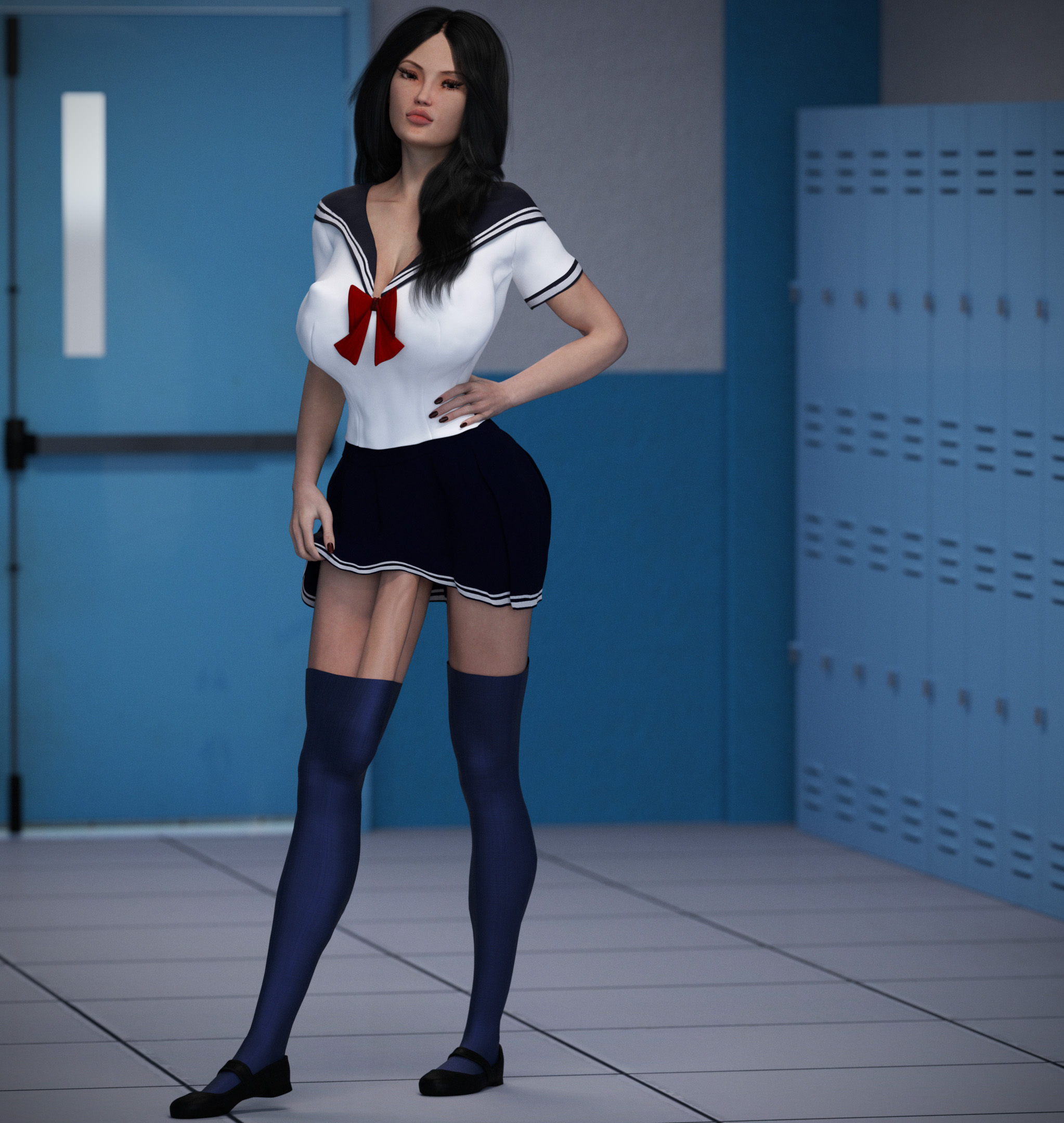 1futa, 3d, asian, bimbo, bottomless skirt, breasts, cleavage, clothed, curvy, erection under clothes, erection under skirt, futa only, futa sans balls, futanari, half-erect, huge breasts, huge cock, huge penis, intersex, nothingmore, penis, penis in thighhighs, penis out, penis under clothes, penis under skirt, realistic, rin (nothingmore), school uniform, seifuku, serafuku, skirt, solo futa, standing