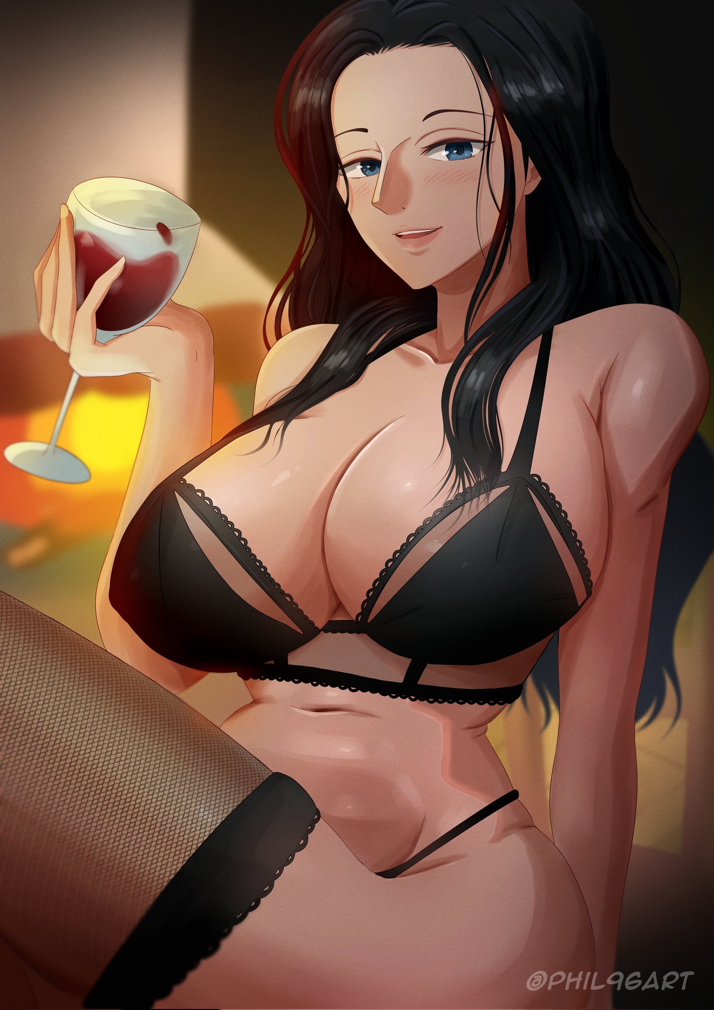 1girls, bare arms, bare shoulders, bare thighs, big breasts, black hair, black-haired female, blue eyes, blush, bra, breasts, clothed, clothing, color, female, female focus, female only, hi res, large breasts, light skin, light-skinned female, lingerie, long hair, looking at viewer, nico robin, one piece, panties, phil96art, shounen jump, solo, solo female, tagme, thick thighs, thighhighs, underwear, wine glass