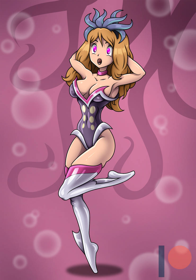 1girls breasts brown_hair choker cosplay game_freak hairband high_heel_boots high_heels hypnosis large_breasts leotard long_hair malamar malamar_(cosplay) mind_control nintendo pink_eyes pokemon pokemon_(cosplay) pokemon_xy purple_leotard re-maker serena_(pokemon) thighhigh_boots