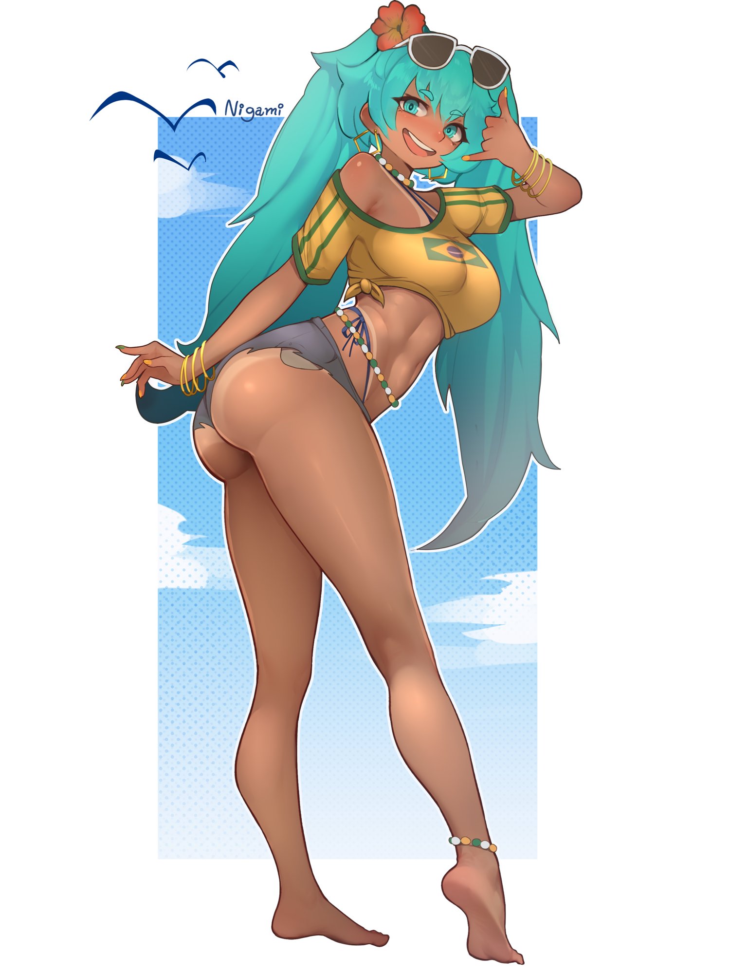1girl, 1girls, 2024, abs, anklet, aqua eyes, aqua hair, aqua nails, artist name, ass, ass focus, bare shoulders, barefoot, big ass, big breasts, big thighs, blue eyes, blue hair, bracelet, brazil, brazilian, brazilian female, brazilian miku, breasts, crop top, cropped shirt, cyan eyes, cyan hair, dark skin, dark-skinned female, denim shorts, ear piercing, earrings, eyewear on head, female, female only, flower, flower in hair, full body, green nails, hair between eyes, hair flower, hair ornament, hatsune miku, highres, hoop earrings, huge ass, huge thighs, jewelry, large breasts, latin american hatsune miku (meme), long hair, looking at viewer, looking back, midriff, nail polish, navel, necklace, nigamiart, off shoulder, off-shoulder shirt, open mouth, shirt, short shorts, shorts, smile, soles, solo, solo female, standing, sunglasses, sunglasses on head, tagme, tan, tan body, tan skin, tanline, teeth, thick hips, thick thighs, thighs, thong, tied shirt, twintails, very long hair, vocaloid, watermark, yellow shirt
