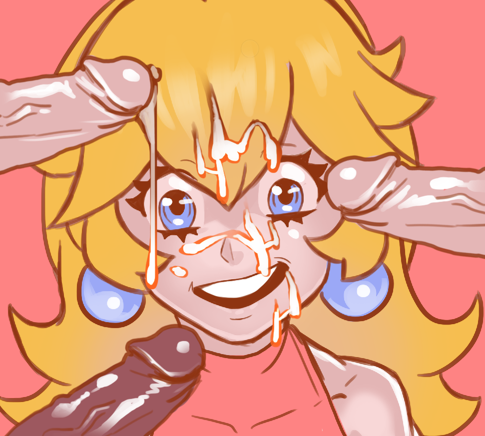 1girls, 3boys, andava, bare shoulders, blonde hair, blue eyes, breasts, close-up, crown, cum, cum on face, cum on hair, dark skin, dark-skinned male, earrings, facial, female, human, light skin, light-skinned female, light-skinned male, long hair, looking at viewer, male, mario (series), multiple boys, multiple males, multiple penises, nintendo, nipples, open mouth, penis, pink background, princess peach, simple background, smile, solo focus, straight, surrounded by penises, unseen male face