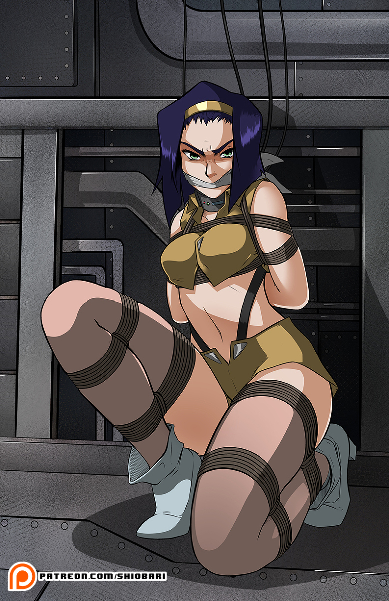 2d 2d_(artwork) arms_behind_back bondage bondage bound bound_arms bound_legs captured captured_heroine collar cowboy_bebop faye_valentine female female_focus female_only gag gagged green_eyes headband headgear heels human humanoid light-skinned_female light_skin looking_at_viewer purple_hair shio-bari submissive submissive_female thick_thighs thighs