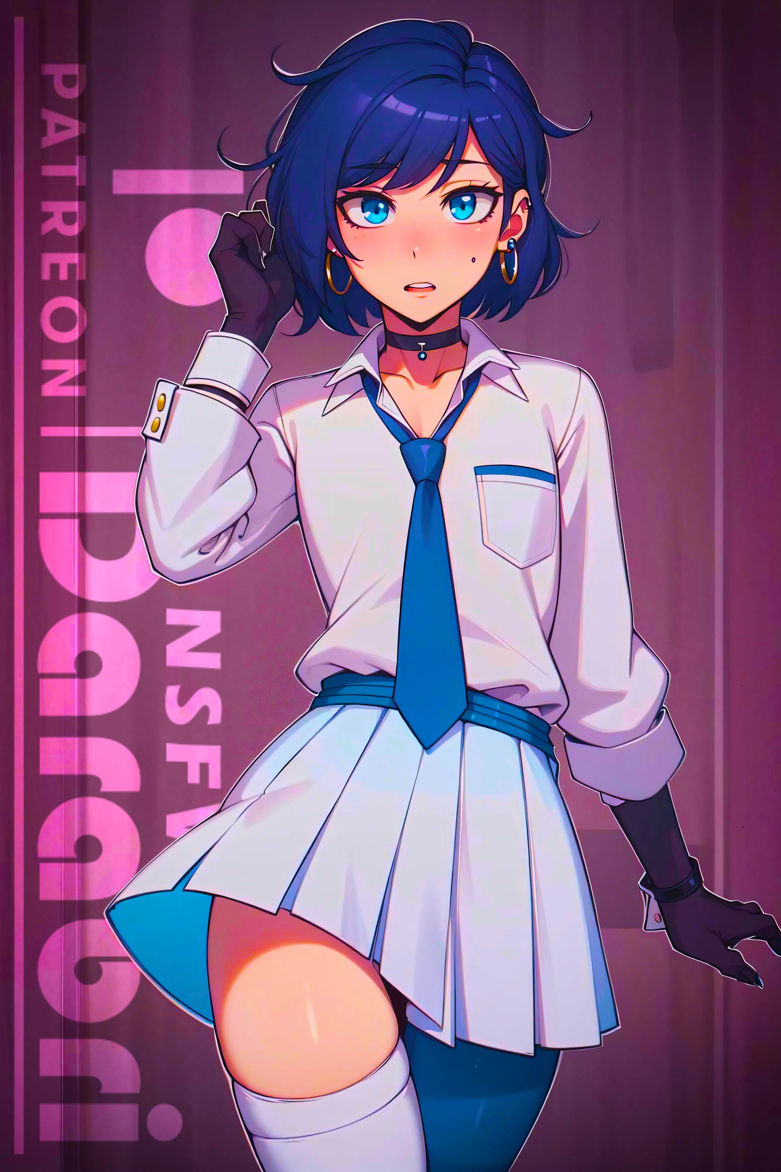 1boy, abstract background, ai generated, blue eyes, blue hair, cleavage, collar, cute, darabri, femboy, feminine male, flat chest, flat chested, gay, girly, gloves, jewelry, logo, looking at viewer, male, medium hair, otoko no ko, pale skin, patreon, patreon logo, school uniform, skirt, solo, stockings, tie, trap, yaoi
