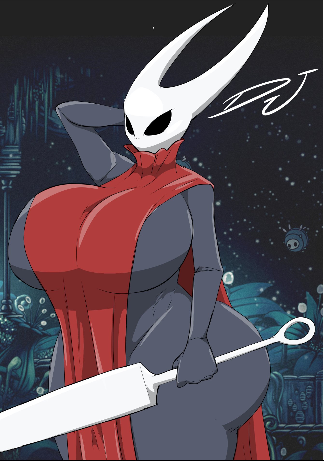 1girls, ass, big ass, big breasts, breasts, cleavage, clothed, clothing, djthepokemen, female, female only, hollow knight, hornet (hollow knight), watermark, weapon, wide hips