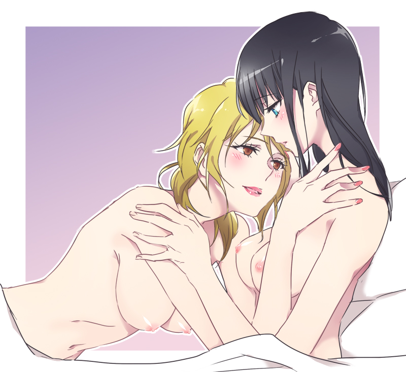 alternate_hairstyle bed black_hair blanket blonde_hair blue_eyes blush couple female female_only hair_down hug human karanomori_shion kunizuka_yayoi long_hair multiple_females nail_polish negom nipples nude psycho-pass short_hair yellow_eyes yuri