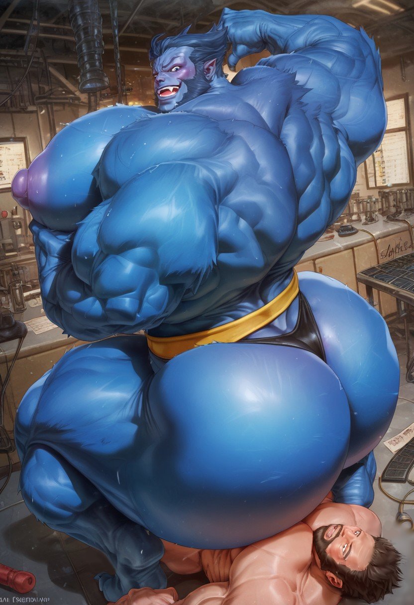 2024 2boys ai_assisted ai_generated anus ass bara bara_ass bara_tiddies bara_tits beast_(x-men) big_ass big_nipples big_pecs blue_fur bodily_fluids body_hair bubble_ass bubble_butt dat_ass dilf gay hyper hyper_muscles large_pectorals male male_only marvel marvel_comics muscular muscular_arms muscular_ass muscular_back muscular_legs muscular_male nipples pecs rokudenashi_(style) rokuworshiper size_difference thong x-men yaoi