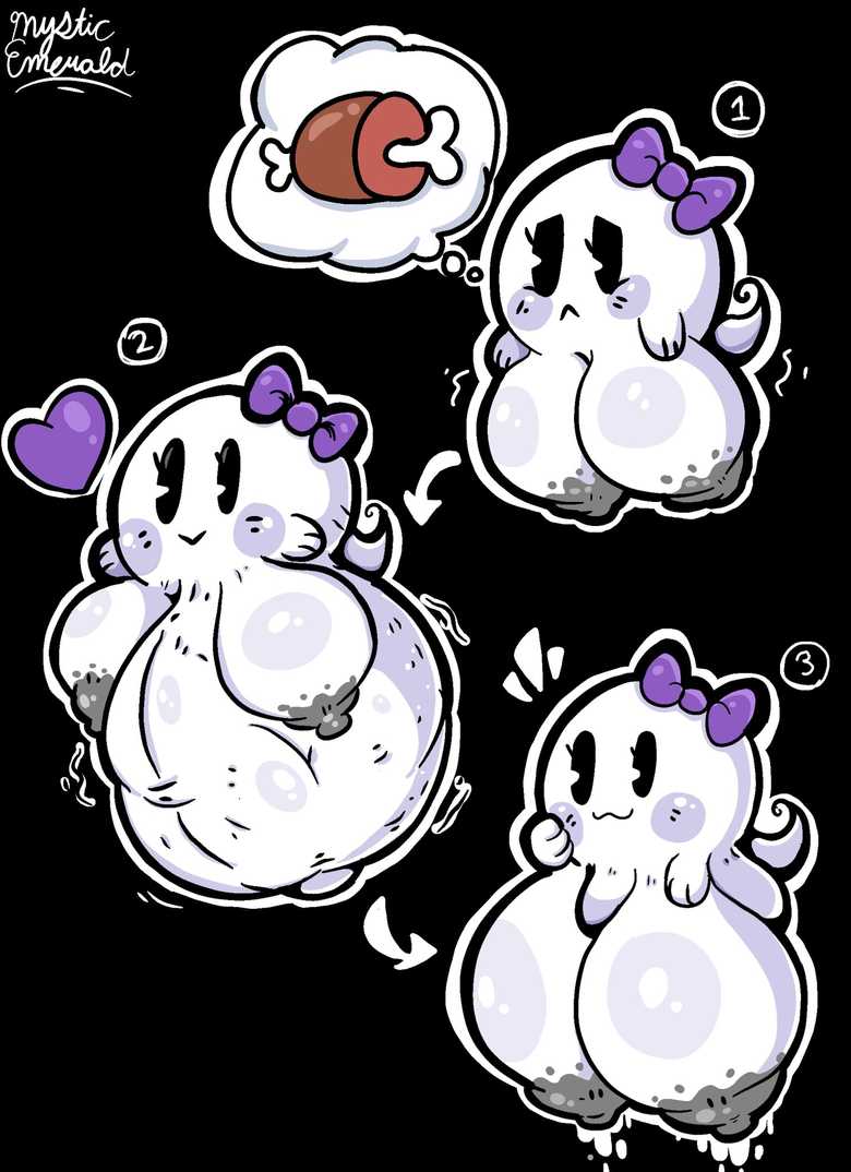 ball_with_hyper_features bowtie breast_expansion cute ghost ghost_girl happy hungry leaking_milk mysticemerald_(artist) nitrobutter post_vore vore vore_belly