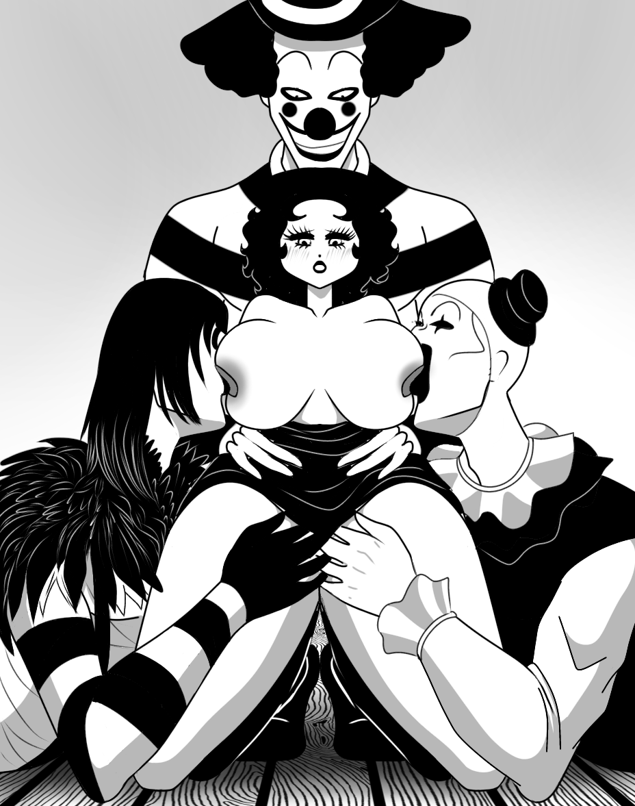 1girl3boys 1girls art_the_clown betty_boop big_ass big_breasts black_and_white breasts breasts_out breasts_out_of_clothes breasts_outside clown clown_boy clowns creepypasta group group_sex laughing_jack nude nude_female oral powerpuff_girls sex short_hair sofy_abdom sucking sucking_nipple sucking_nipples terrifier the_mimic