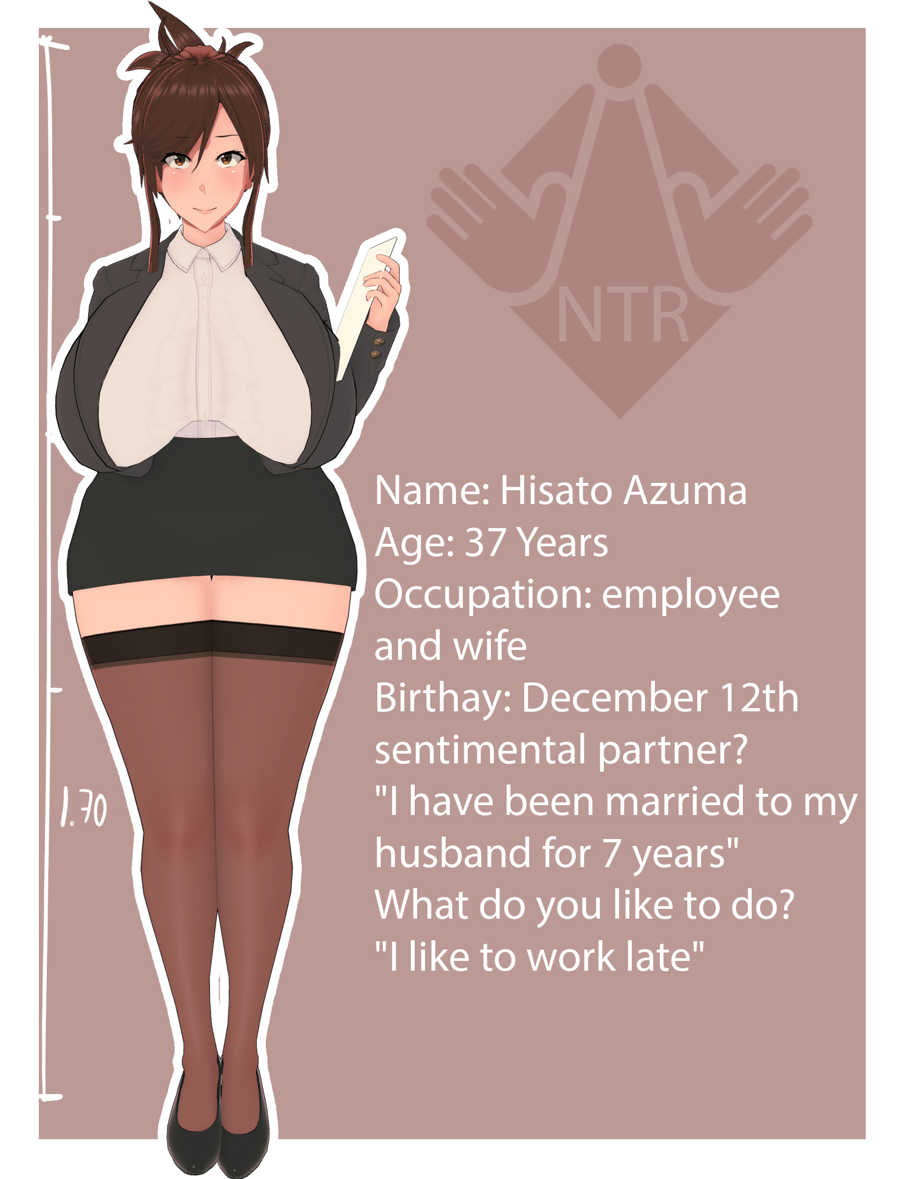 1girls, 3d, azuma hisato, big breasts, black legwear, breasts, brown eyes, brown hair, character sheet, dialogue, english text, female, full body, hi res, high heels, high resolution, highres, himawari wa yoru ni saku, holding object, legwear, looking at viewer, mature, mature female, office lady, smile, takeda hiromitsu, text, tied hair, uniform, vyrus smith
