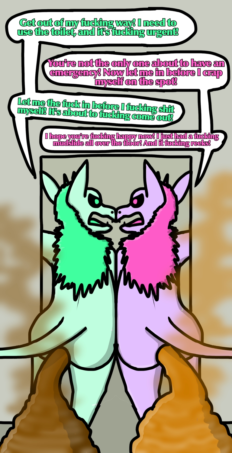 abby_(pixel-v) anthro argument bathroom duo dutch_angel_dragon feces feces_pile female female/female fur green_body green_fur hi_res paisley_(pixel-v) pink_body pink_fur pixel-v public_restroom restroom_stall scat