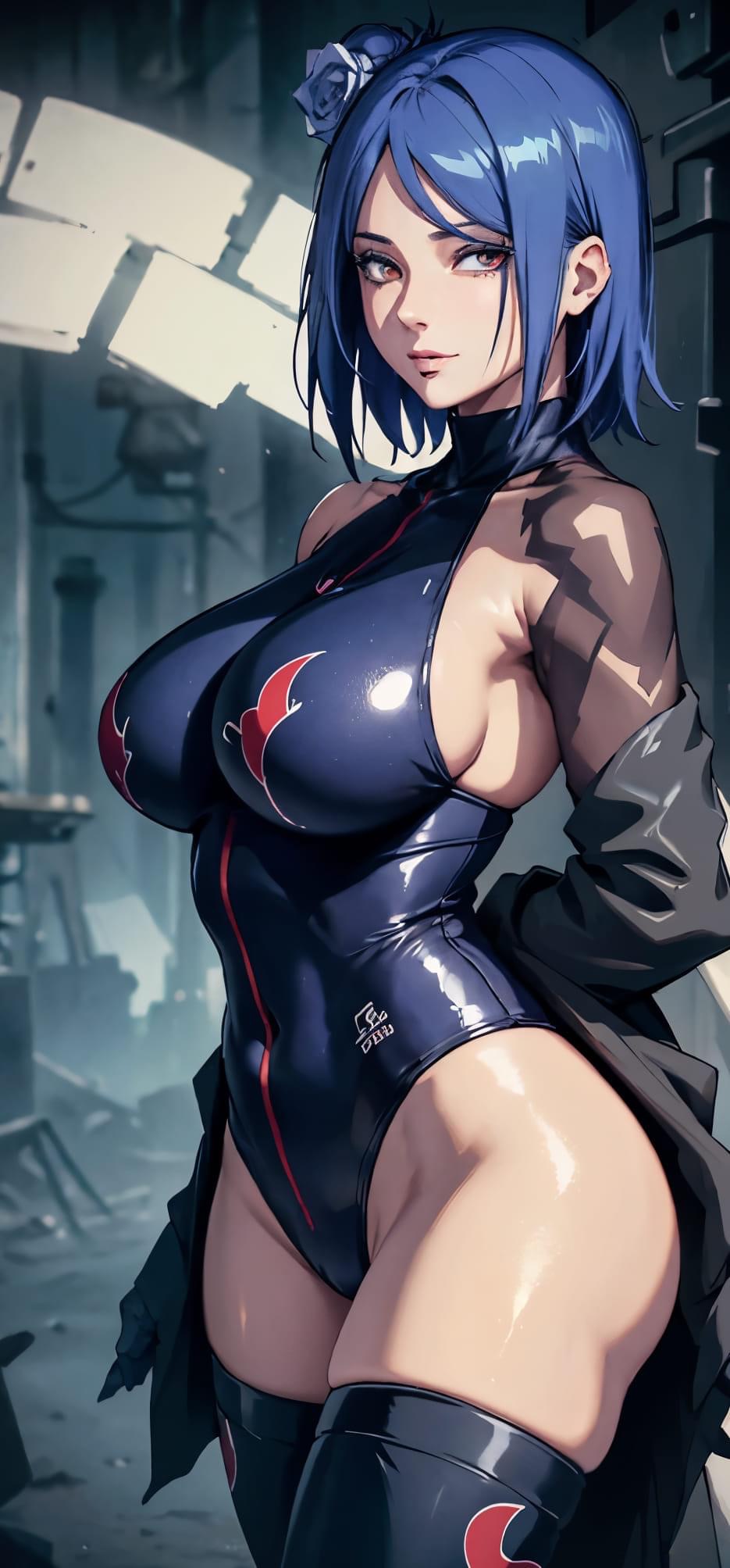 ai_generated akatsuki_(naruto) amber_eyes blue_hair busty detailed_background flower_in_hair konan leotard naruto_shippuden one-piece_swimsuit thighhighs