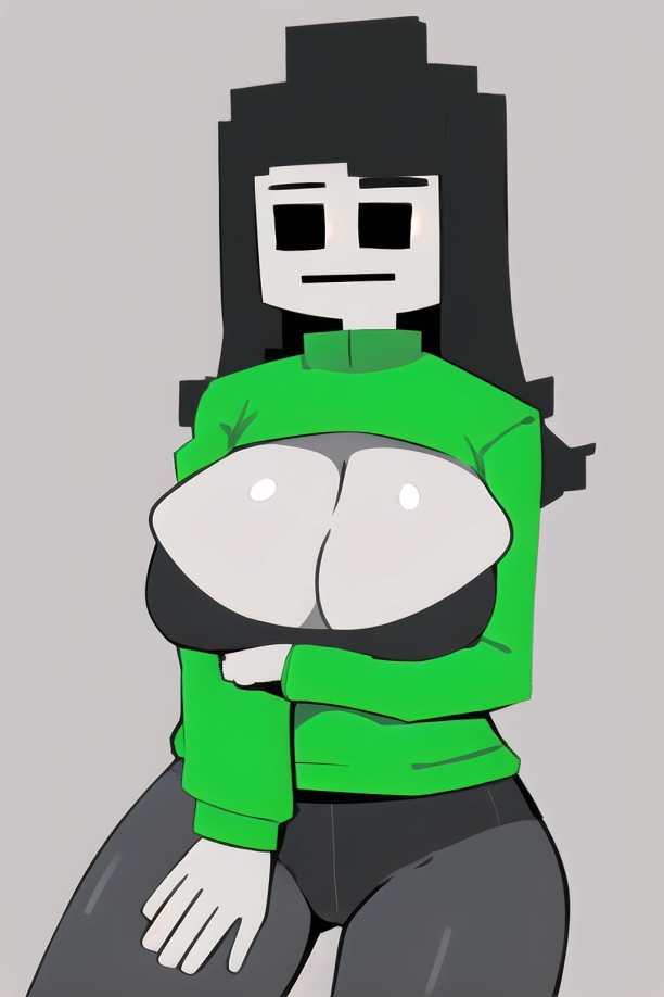 5_fingers ai_generated arm_under_breasts big_breasts black_eyes black_hair black_penis black_shirt blank_stare busty charlie_emily curvy exposed_breasts female female five_nights_at_freddy's green_sweater green_turtleneck grey_background grey_skin long_hair pixai raised_eyebrow simple_background sitting solo sweater turtleneck undershirt