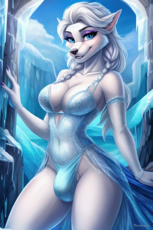 ai_generated anthro blue_eyes elsa_(cosplay) futanari lingerie panty_bulge sarah_snowpaw skimpy_clothes white_hair wolf