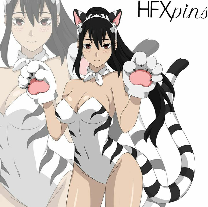 black_hair cosplay cute female hfxpins kaiju_no.8 mina_ashiro tiger tiger_ears tiger_stripes tiger_tail